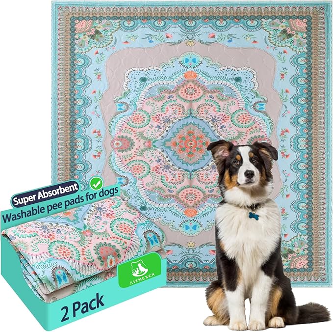 Aitmexcn Washable Pee Pads for Dogs Large, 2 Pack, 54" x 54" Boho Reusable Puppy Pads, Dog Playpen Mat, Super Absorbent Dog Pads, Leakproof, Waterproof Dog Training Pad, Dog Crate Pad, Whelping Pads-PawvioPets
