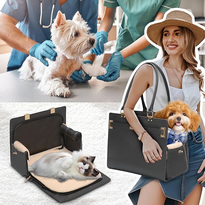 2-in-1 Stylish Dog Purse Carrier Soft-Sided Carriers Travel Tote Bag for Small Dogs Cats, Fashion Foldable Pet Bag for Puppies Small Animals with Pockets (Black, 15" L x 7.5" W x 12.2" H)-PawvioPets