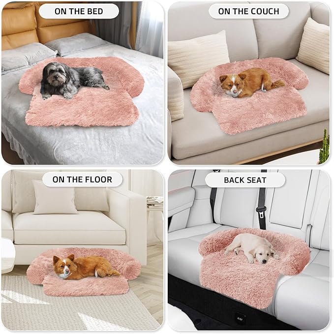 GGIB Calming Dog Bed Fluffy Plush Dog Mat for Furniture Protector with Removable Washable Cover for Large Medium Small Dogs and Cats (XS (31"x23.5"x5"), Pink)-PawvioPets