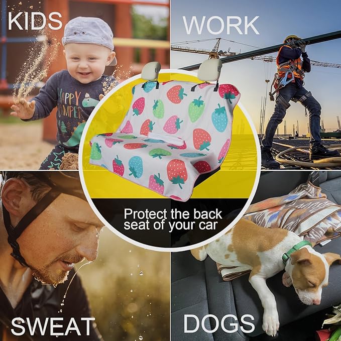 Back Seat Cover for Car Trucks Van SUV,Waterproof Rear Bench Towel Seat Covers for Dogs and Kids,Automotive Backseat Protector (Strawberry)-PawvioPets