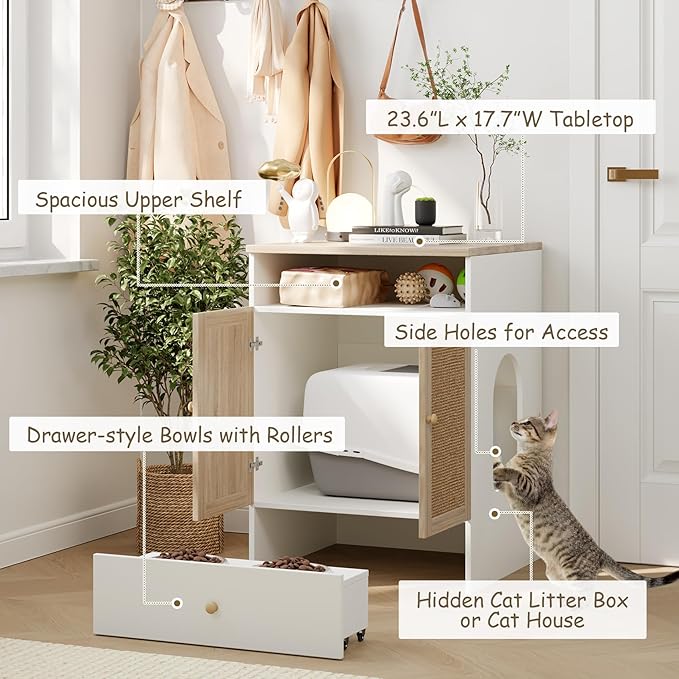 Cat Litter Box Enclosure Furniture Hidden - Indoor 3-in-1 Wooden Cat House & Washroom Cabinet with Scratching Board Doors, Shelf and Feeder Bowls, 23.6”x17.7”x32.7”H-PawvioPets