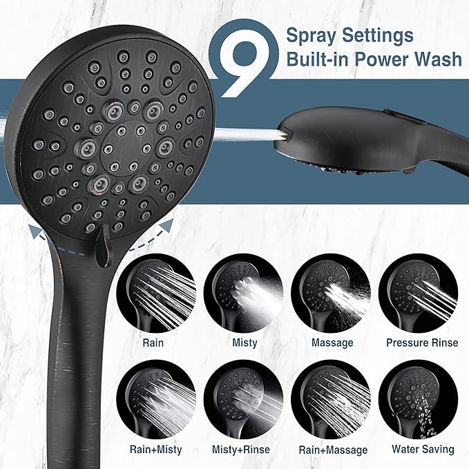 BRIGHT SHOWERS High Pressure Shower Head with Handheld, 9 Spray Settings Showerhead Built in Power Wash to Clean Tub and Pets, Extra Long 69" Hose, Adjustable Bracket, Oil-Rubbed Bronze-PawvioPets