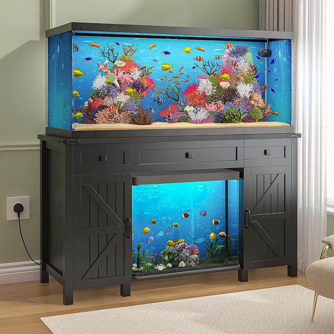55-75 Gallon Aquarium Stand With Charging Station, Farmhouse Fish Tank Stand, Reptile Tank Stand Terrarium Stand with Drawer and Cabinet Storage, Sturdy Heavy Duty 53.5"×19.7" Tabletop - Black-PawvioPets