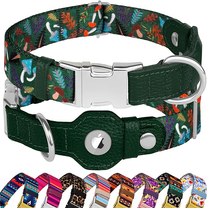 AirTag Dog Collar for Small Medium Large Breed - Adjustable Cute Pattern Dog Collar with Airtag Holder - Soft Leather Tracker GPS Apple Air Tag Pet Collars (Large, 17"-21" Neck Fit, Mushroom)-PawvioPets