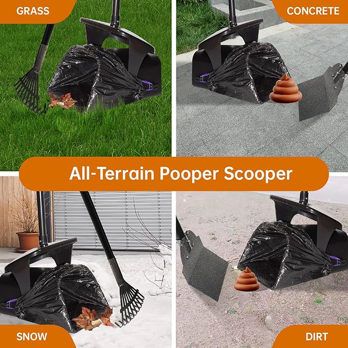 Dog Pooper Scooper with Bags & Dispenser - 37.4" Long Durable Metal Handle Swivel Bin & Rake & Spade Kit, Large Capacity Portable Pooper Scooper for Yards，Easy to Assemble-PawvioPets