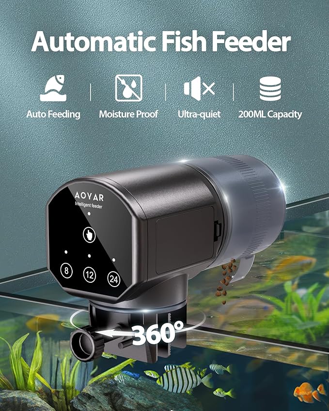 Automatic Fish Feeder Dispenser for Aquarium: 200ml Large Capacity Auto Feeders for Small Tank Turtle Betta Koi - Battery Food Feeding Timer for Flakes Pellet Vacation Weekend Day-PawvioPets