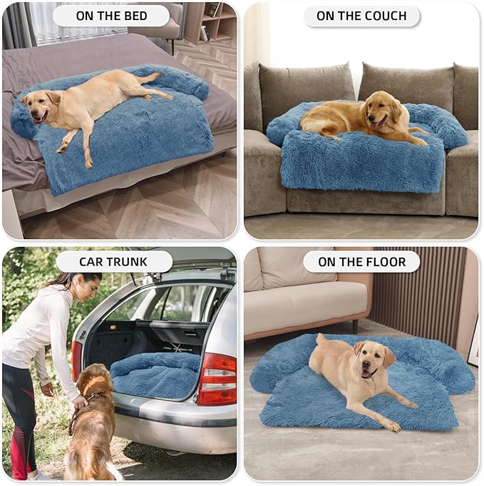 GGIB Calming Dog Bed Fluffy Plush Dog Mat for Furniture Protector with Removable Washable Cover for Large Medium Small Dogs and Cats (Extra Large (53x39.3x6), Navy)-PawvioPets