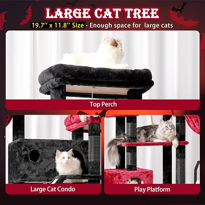 Gothic Cat Tree for Large Cats, 78.7"(200cm) Tall Cat Tower for Indoor Cats Multiple Cats with Large Top Perch, Cat Condo, Cat Hammcok, Cat Scratching Post, Black and Red GCT031BR-PawvioPets