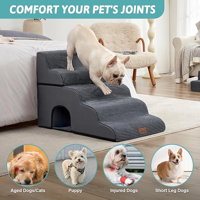 Extra Wide Dog Stairs with Tunnel, Detachable Large Pet Step for Small Medium Dog, Puppy or Cat, Ramp for High Bed, Couch, Sofa or Car, Stable, 19.7x33x22.4 inch, 5 Step, Dark Grey-PawvioPets