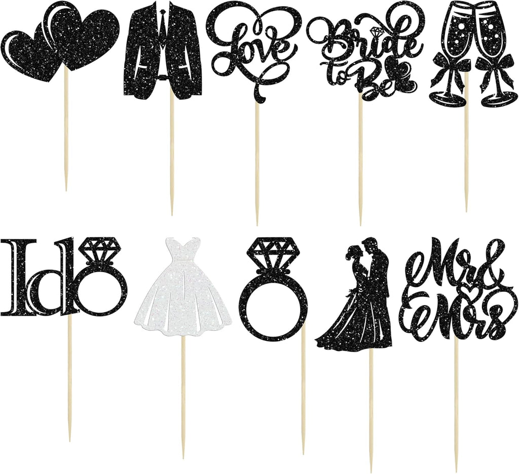Gyufise 30Pcs Bride to Be Cupcake Toppers Glitter Diamond Ring I Do Love Cupcake Picks Miss to Mrs Bridal Shower Wedding Engagement Bachelorette Cake Decoration Black