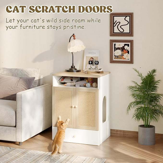 Cat Litter Box Enclosure Furniture Hidden - Indoor 3-in-1 Wooden Cat House & Washroom Cabinet with Scratching Board Doors, Shelf and Feeder Bowls, 23.6”x17.7”x32.7”H-PawvioPets