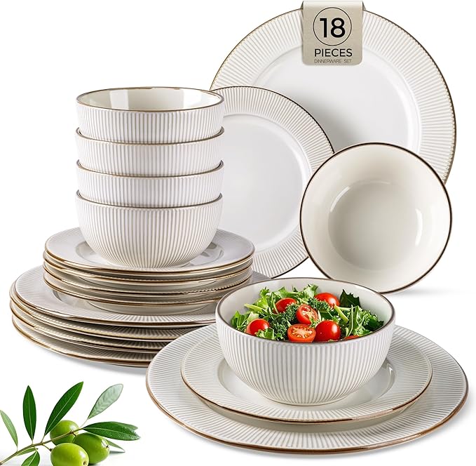 GBHOME Ceramic Dinnerware Sets,18 pcs Embossed Elegant Stoneware Plates and Bowls Sets, Housewarming Wedding Gift | Dishwasher & Microwave Safe | Dishes Set Service for 6-PawvioPets