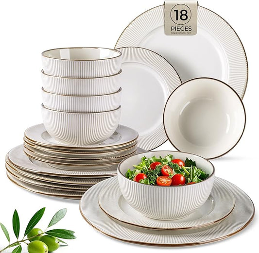 GBHOME Ceramic Dinnerware Sets,18 pcs Embossed Elegant Stoneware Plates and Bowls Sets, Housewarming Wedding Gift | Dishwasher & Microwave Safe | Dishes Set Service for 6-PawvioPets