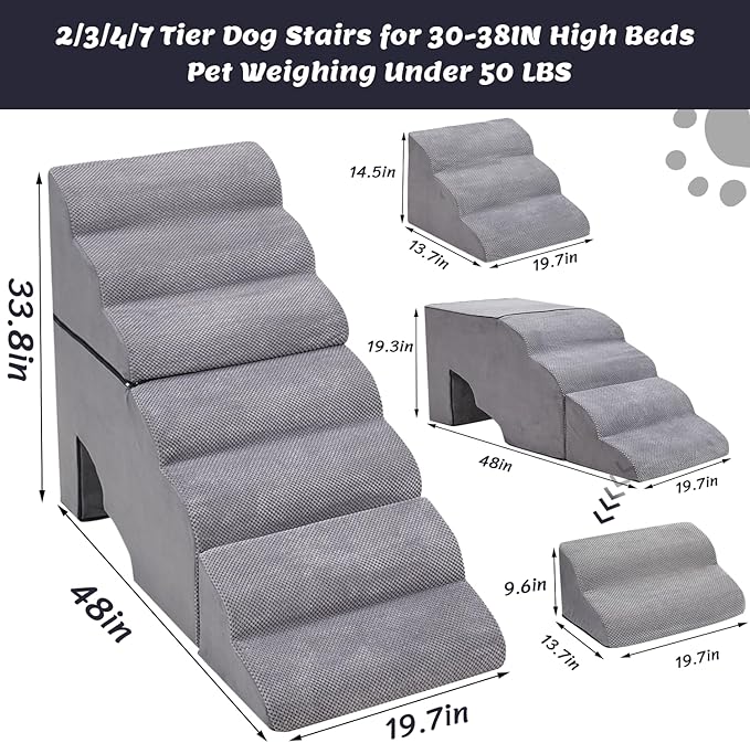 Dog Stair Steps for High Beds 36 inches Tall, 33D Foam Dog Ramp for Bed 32 inches, 7-Step Pet Stair Steps for Small Large Dogs for Bed Climbing, Non-Slip Dog Steps for Older Dogs/Cats, Grey-PawvioPets