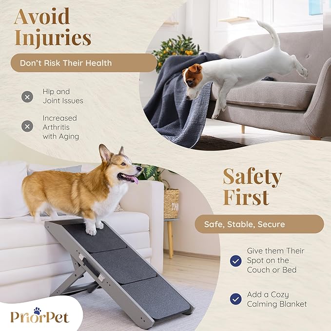 Dog Steps for Bed & Couch 2-in-1 Dog Stairs/Ramp - Height Adjustable Dog Ramp for Couch 7” - 20” - Pet Stairs, Dog Stairs for Small Dogs - Easy to Move Pet Steps with Landing Platform, Gray-PawvioPets