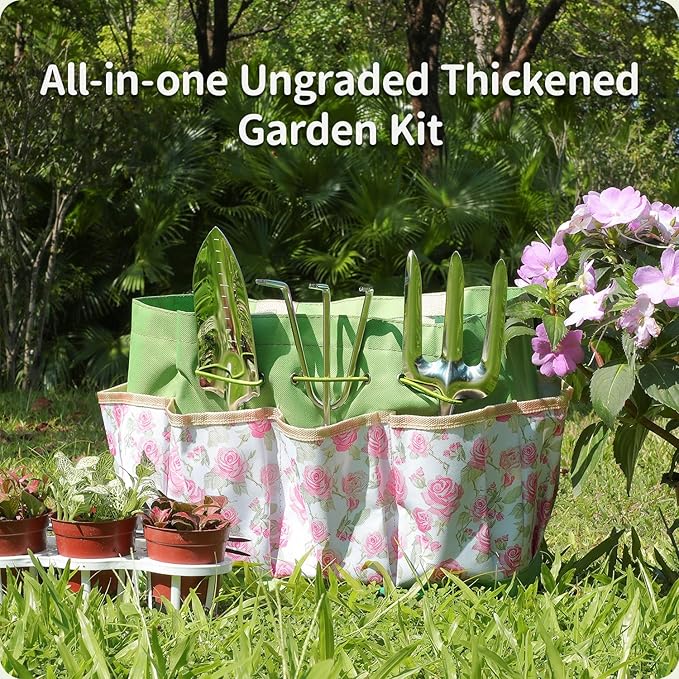 Garden Tool Set,10 Piece Garden Kit,Heavy Duty Stainless Steel Gardening Hand Tools with Durable Storage Tote,Rust-Proof Garden Tools,Gardening Gifts for Women Men Pink Floral Pattern Design-PawvioPets