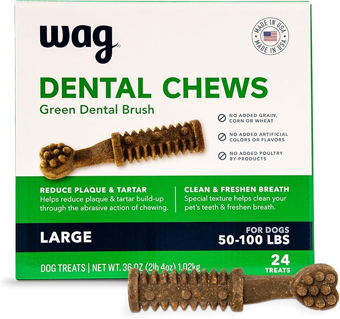 Amazon Brand - Wag Dental Chews - Green Dental Brush for Dogs, Large, Unflavored, 24 Count (Pack of 1)-PawvioPets