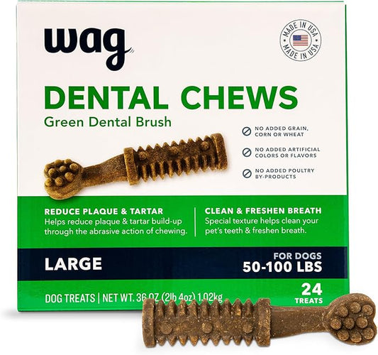 Amazon Brand - Wag Dental Chews - Green Dental Brush for Dogs, Large, Unflavored, 24 Count (Pack of 1)-PawvioPets