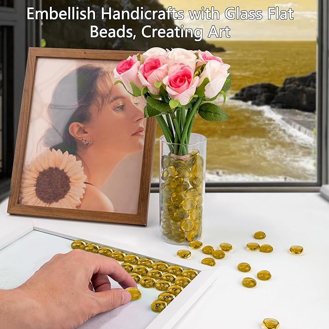 Amber Glass Marbles, 0.97LB Transparent and Smooth Mancala Stones, Yellow Flat Glass Beads for Vases, Mosaic Gem Pebbles for Aquarium Decor, Floral Arrangements Vase Filler and Crafts,Approx.80-100PCS-PawvioPets