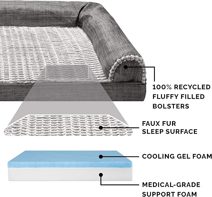 Furhaven Cooling Gel Dog Bed for Large Dogs w/ Removable Bolsters & Washable Cover, For Dogs Up to 95 lbs - Luxe Faux Fur & Performance Linen Sofa - Charcoal, Jumbo/XL-PawvioPets