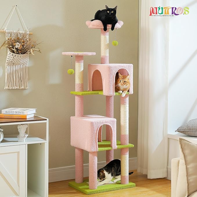 Flower Cat Tree, 62-Inch Large Cat Tower for Multi-Cat Households w/Scratching Posts, Multi-Level Cat Condo w/Cozy Top Perch & Scratching Pad, Padded Platform, 2 Pompoms, Pink-PawvioPets