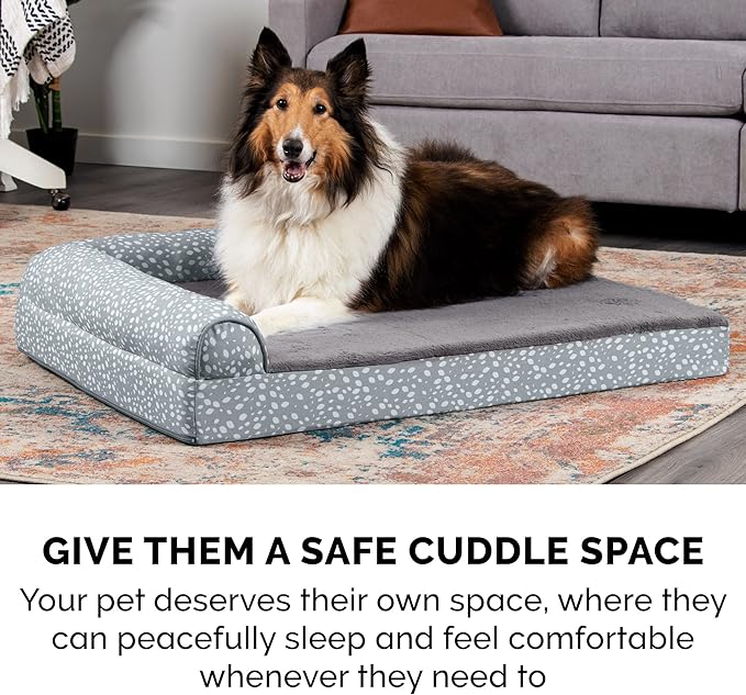 Furhaven Cooling Gel Dog Bed for Large/Medium Dogs w/ Removable Bolsters & Washable Cover, For Dogs Up to 55 lbs - Plush & Almond Print L Shaped Chaise - Gray Almonds, Large-PawvioPets