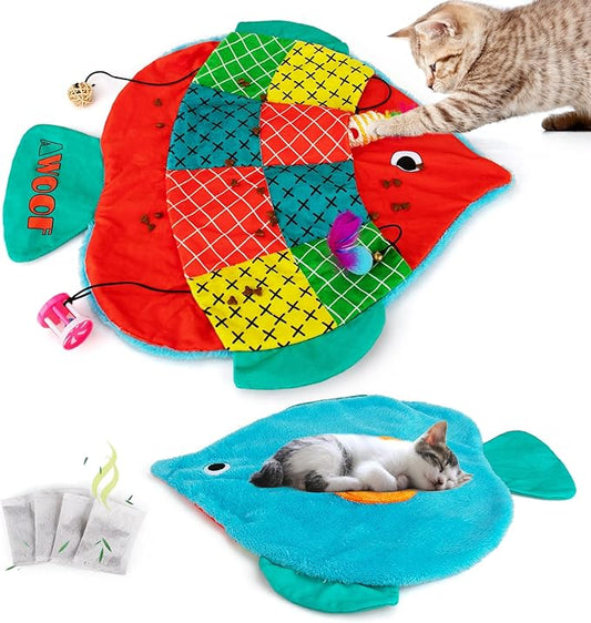 AWOOF Cat Mat, Cute Soft Catnip Mat, Cat Activity Mat Machine Washable Catnip Toys Interactive Cat Toys for Indoor Cats (Fish Shape)-PawvioPets