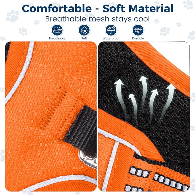 Funfox Dog Harness No Pull, Adjustable Pet Vest Harness, Super Soft Material with Vertical Handle Easy Control, Reflective Night Walking, 2 Leash Clips for Medium Sized Dogs, Orange, M-PawvioPets