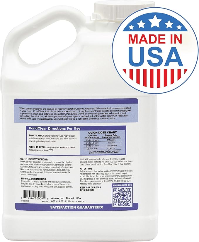 Airmax PondClear Liquid Bacteria for Lakes, Ponds & Water Garden Treatments, Natural Bio Clarifier & Cleaner for Crystal Clear Water, Remove Nutrients & Noxious Odor, Fish, Pet & Plant Safe, 1 Gallon-PawvioPets