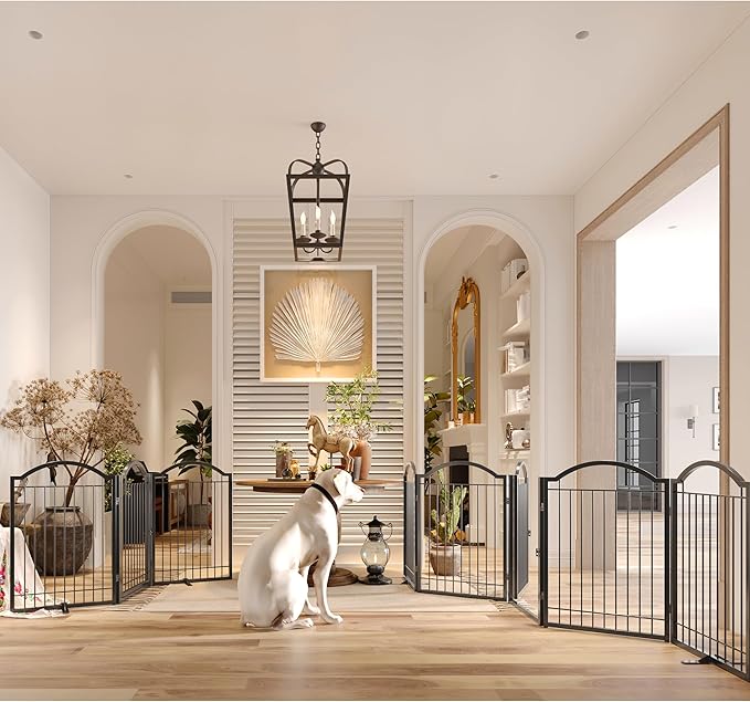 BHG Metal No-Assembly Freestanding Dog Gate with Door Walk Through, Extra Wide 120", Extra Tall 32" Pet Gate, Accordion Puppy Folding Playpen Dog Fence, with 2PCS Support (Black, 5 Panels)-PawvioPets