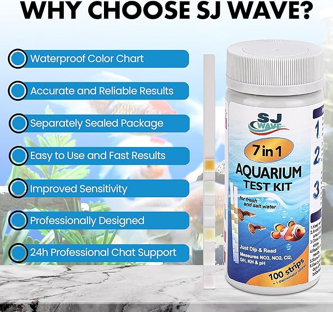 7 in 1 - Aquarium Test Strips | 100 Fast & Accurate Strips | Fish Tank Aquariums Water Test Kit & ebook | Aquarium Thermometer | Fish Tank Water Testing Kit for Fresh & Saltwater | Versatile Usage-PawvioPets