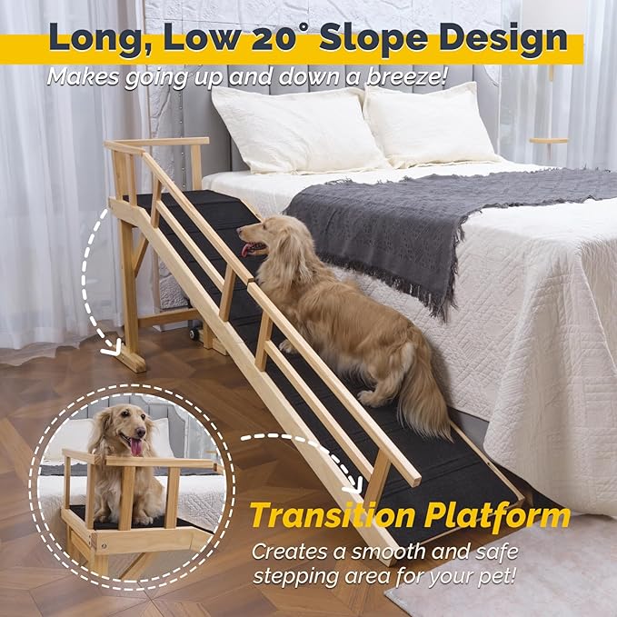 Dog Ramp for Bed or Couch, Wooden Pet Ramp with 20° Gentle Slope, Removable Side Rails, Non-Slip Surface, Top Platform & Wheels, Safe Bed Ramp for Small, Medium & Senior Dogs, 74" Long, Natural-PawvioPets