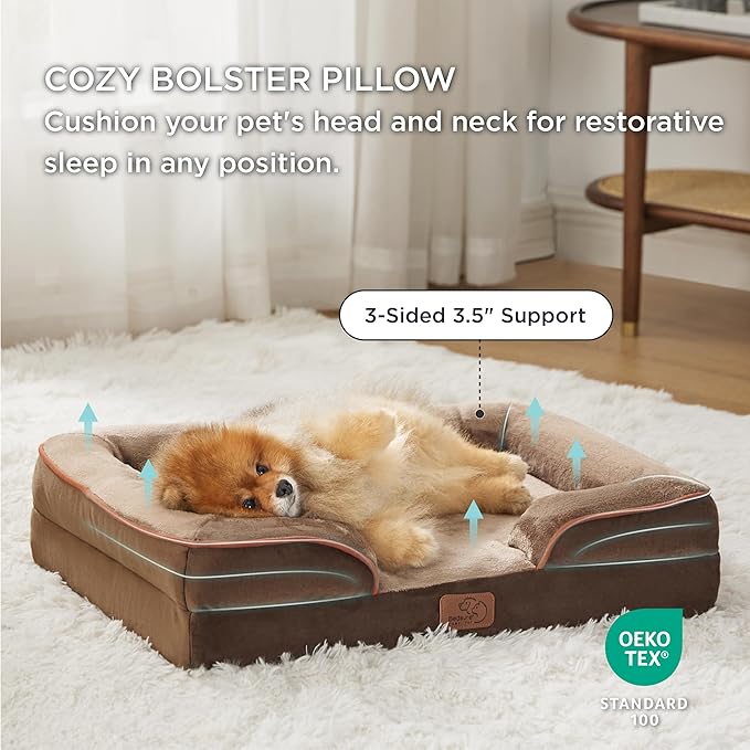 Bedsure Orthopedic Dog Beds for Small Dogs - Washable Small Dog Cat Bed Waterproof, Comfort Pet Couch Sofa with Washable Removable Cover, Pets Bed with Nonskid Bottom, Brown, 24"-PawvioPets