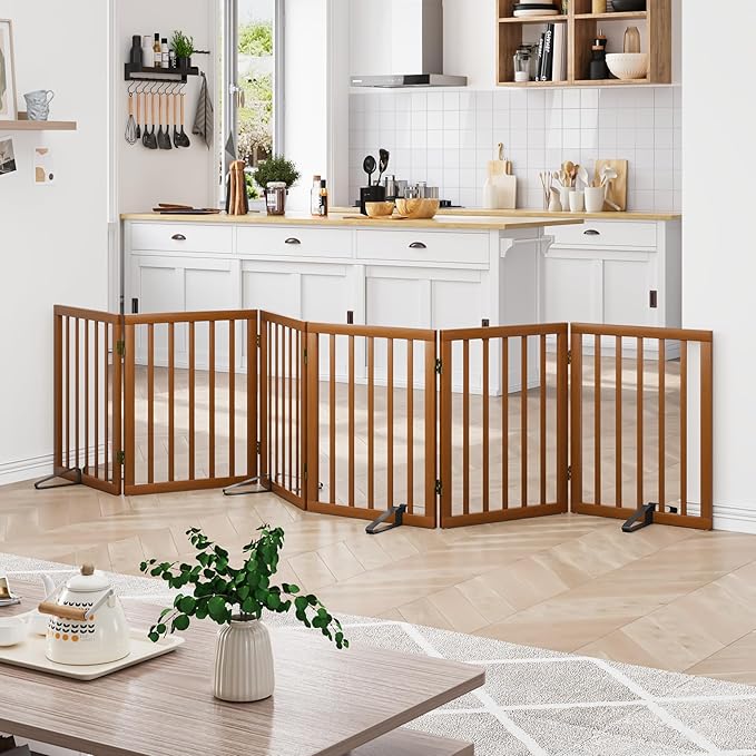 Freestanding Pet Gate Foldable Dog Gate (110 inches Wide) Walnut Bamboo Dog Gates for Stair Doorways House Puppy Fences Indoor (4 Support Feet Included)-PawvioPets