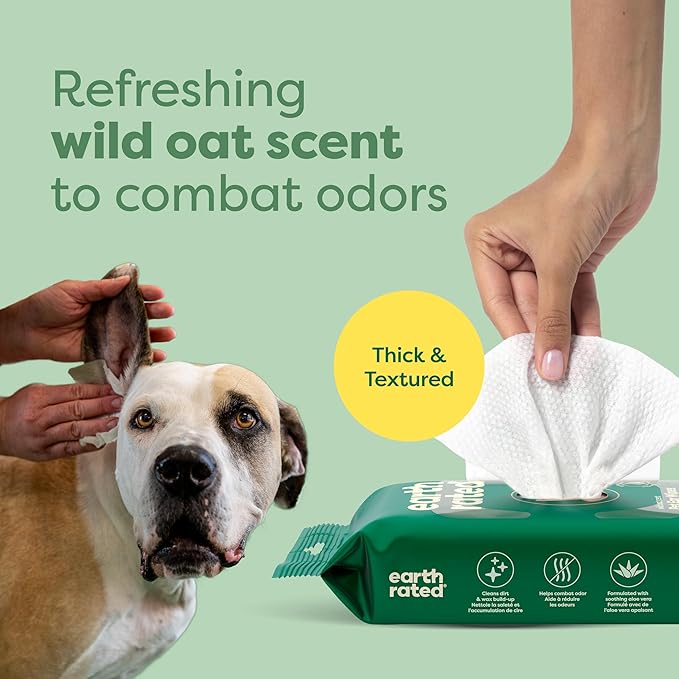 Earth Rated Vet-Developed Pet Ear Wipes, Hypoallergenic Cleaner for Dogs & Cats Ears to Remove Dirt and Wax Build Up, Wild Oat Scent, 70 Count-PawvioPets