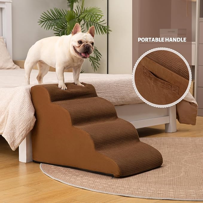 4-Step Dog Stairs and Ramp for Beds or Couches – Non-Slip Sturdy Pet Steps for Small Dogs and Cats,17.4" H,Brown-PawvioPets