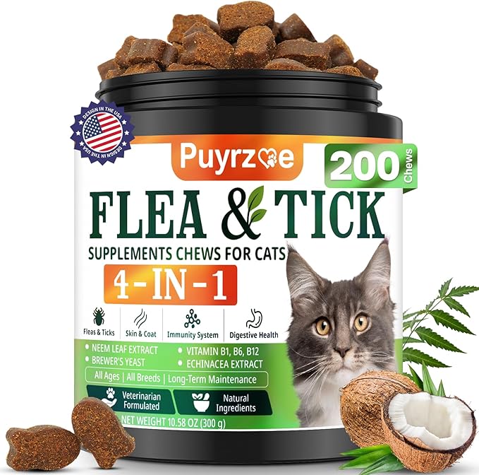4-in-1 Flea Treatment for Cats Chewable, Natural Cat Flea and Tick Prevention Chewable Supplement for Skin & Coat | Immunity Support | Digestive | Flea & Tick Treatment for All Breeds & Sizes-PawvioPets