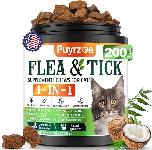 4-in-1 Flea Treatment for Cats Chewable, Natural Cat Flea and Tick Prevention Chewable Supplement for Skin & Coat | Immunity Support | Digestive | Flea & Tick Treatment for All Breeds & Sizes-PawvioPets