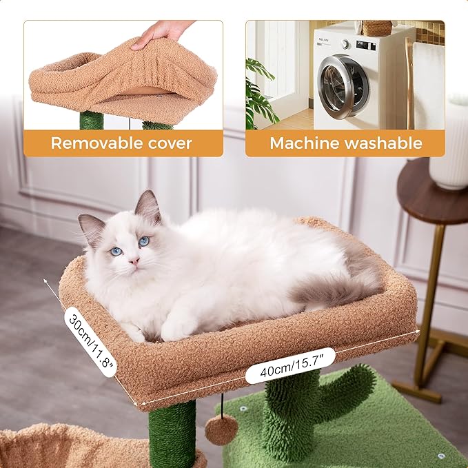 Cactus Cat Tree Small Cat Tower with 32 Inches Scratching Post with Cats Condo House, Cozy Hammock and Removable Top Bed and Dangling Ball for Indoor Cats-34” Green-PawvioPets