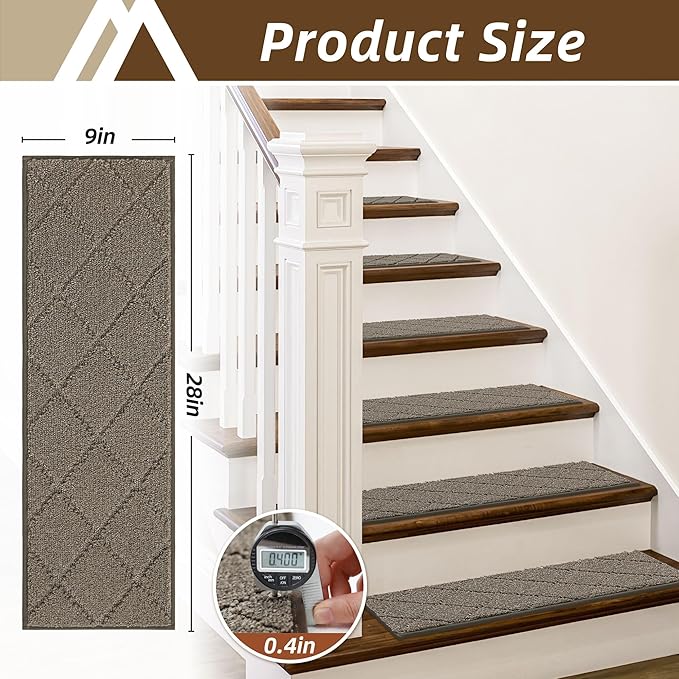COSY HOMEER Stair Treads for Wooden Steps 9"x28" Washable Indoor Carpet Stair Treads Non Slip Soft Polyester Stair Carpet Tread Reusable Stair Runner Rugs for Kids, Elders,Pets,Light Brown,15pcs-PawvioPets