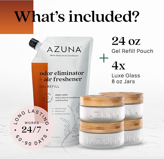 Azuna Air Freshener & Odor Eliminator for Strong Odor | 4 Room Kit Includes (4) Empty Luxe Glass Jars & 24oz Gel Refill with Tea Tree Essential Oil | Sandalwood Scent | Last 60-90 Days-PawvioPets
