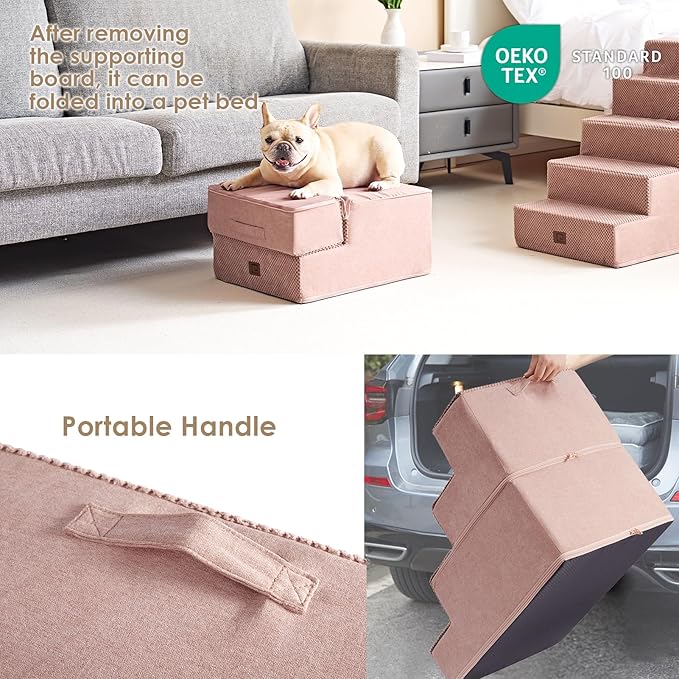 EHEYCIGA Dog Stairs for Small Dogs 13.5" H, 3-Step Dog Steps for Couch Sofa and Chair, Pet Steps for Medium Cats, Non-Slip Balanced Pet Ramp Indoor, Pink-PawvioPets