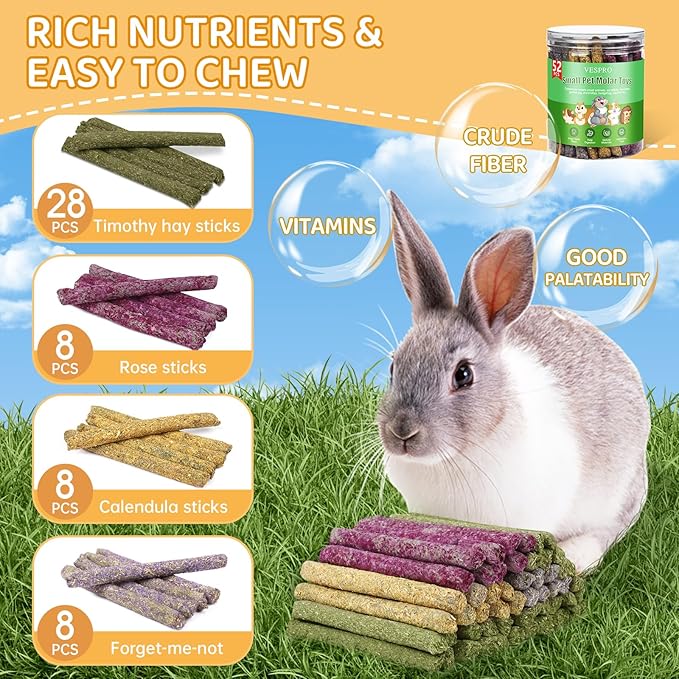 52Pcs Rabbit Chew Sticks, Guinea Pig Toys, Natural Timothy Grass Molar Teeth Stick, Mixing Flowers, Roses, Calendula and Forget Me Not, Small Animals Treats-PawvioPets
