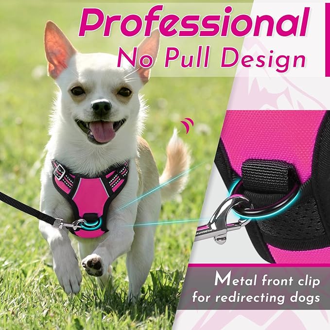 Eagloo Small Dog Harness No Pull, Service Vest with Reflective Strips and Control Handle, Adjustable and Comfortable for Easy Walking, No Choke Pet Harness with 2 Metal Rings, Rose Red, XS-PawvioPets