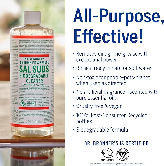 Dr. Bronner's - Sal Suds Biodegradable Cleaner (1 Gallon) - All-Purpose, Pine Cleaner for Floors, Laundry and Dishes, Concentrated, Cuts Grease and Dirt, Powerful Formula-PawvioPets