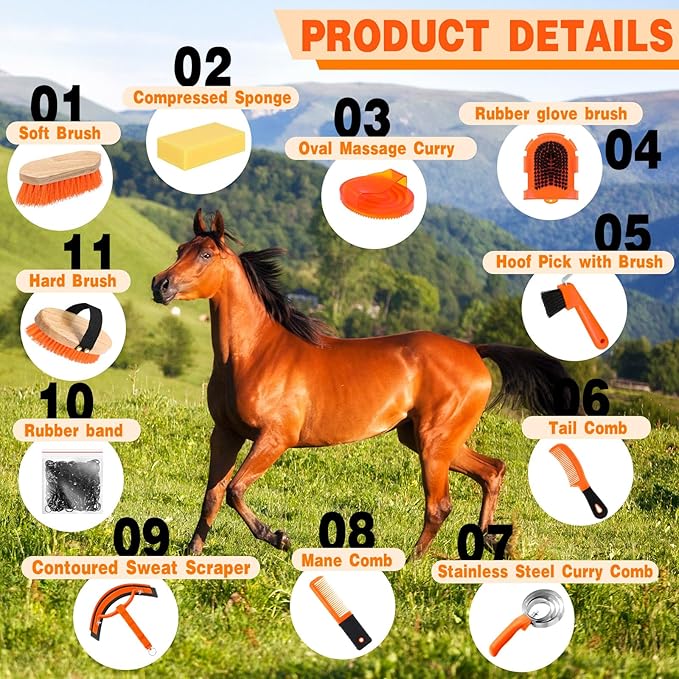 Abbylike 12 Pieces Horse Grooming Kit Racing Festival Tack Room Supplies Horse Brush Sets Equine Care Cleaning Kit Shedding Grooming Massaging Tools(Orange)-PawvioPets