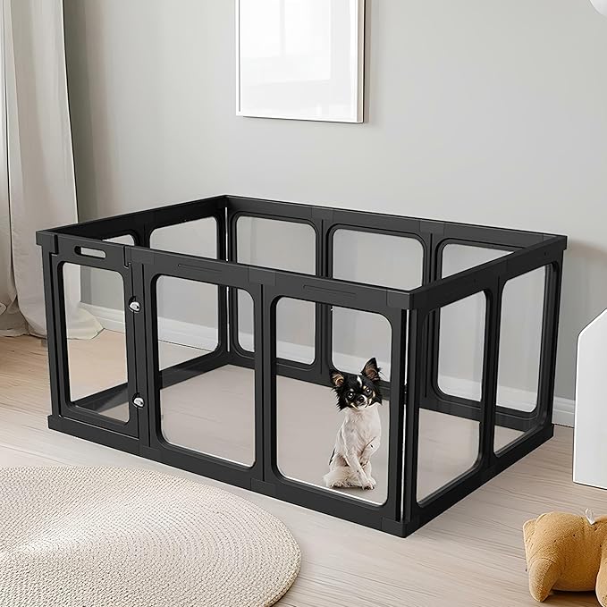 Acrylic Clear Dog Play Pen Indoor, Plastic Puppy Playpen with Door, Clear PlayPen for Dog Cat Rabbit Ferret, Easy Assemble Pen, Preferable Small Cage, 23.6" H, 10PCS, Black-PawvioPets