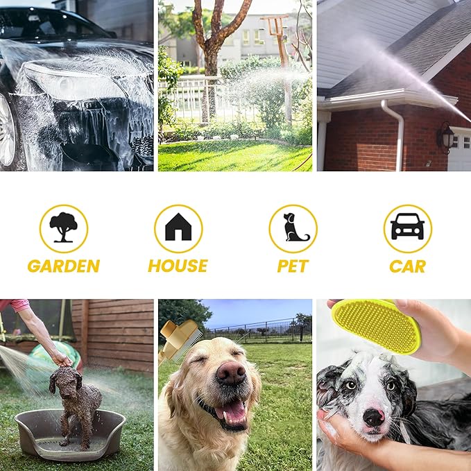 Dog Wash Hose Attachment, 10-in-1 Spray Mode Pet Shower Soap Sprayer with Grooming Comb Rubber Brush, Hose Nozzle with 100cc Soap Dispenser, for Watering, Car Wash, Dog and Horse Showering (Yellow)-PawvioPets