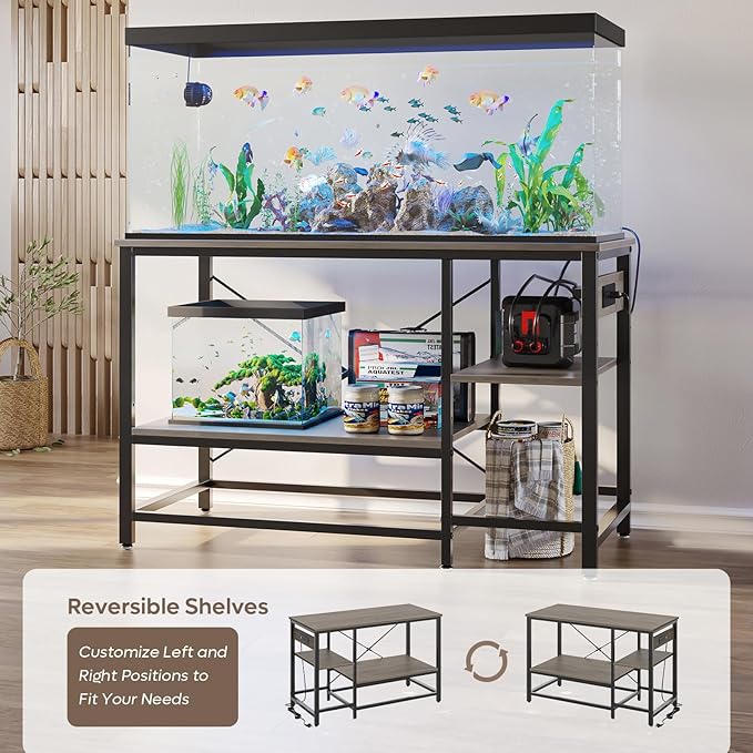 55 Gallon Fish Tank Stand with Charging Station, 49.2x13.8 Metal Aquarium Stand with 3-Tiers Adjustable Storage Shelves, 6-Legs Reptile Terrarium Stand, 700 LBs-PawvioPets