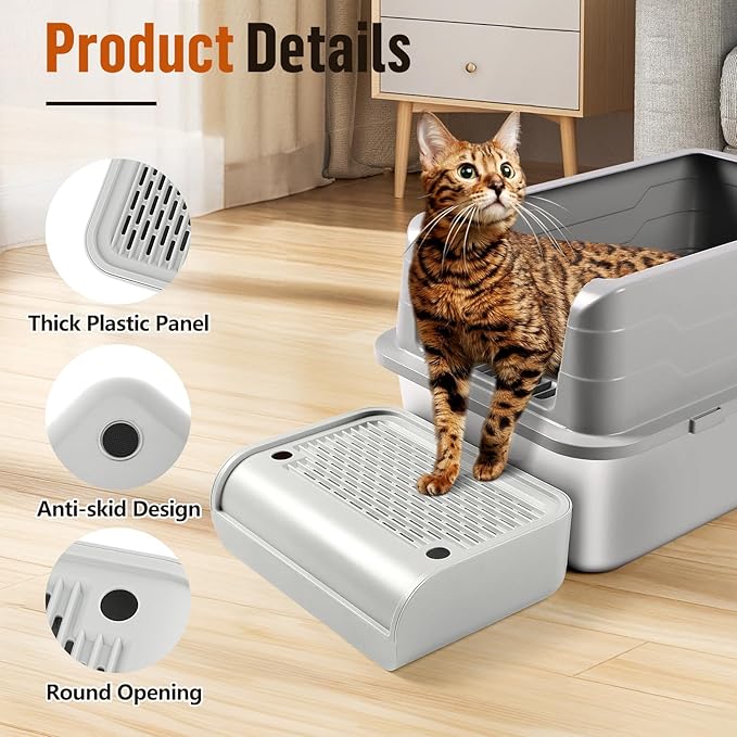Cat Litter Box Step, Cat Litter Box Ramp Mat with Filter Function for Self-Cleaning Cat Litter Box, Easy to Clean, Cat Pedal Step Stool Ideal for Kitten & Elderly Cats (Light Grey)-PawvioPets
